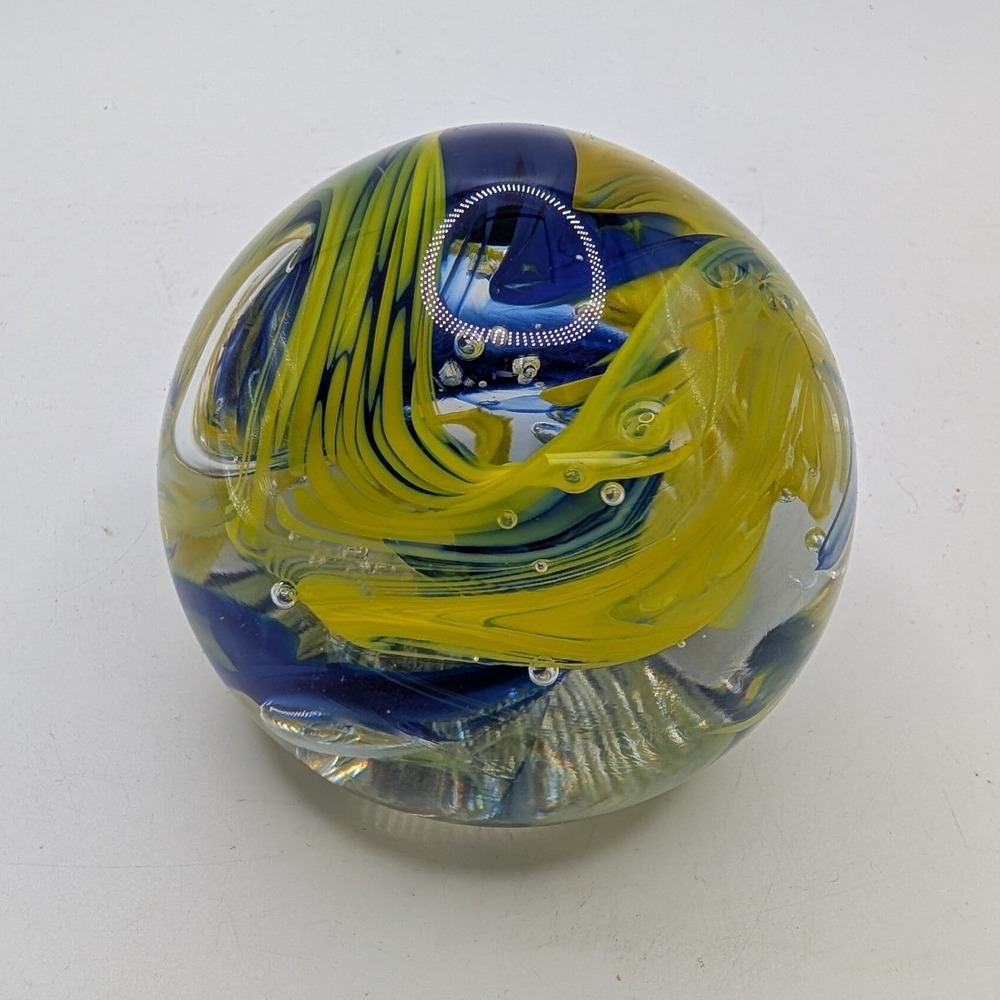 Vtg Handmade Glass Orb Paperweight Blue Yellow Swirl Art Glass Home Decor